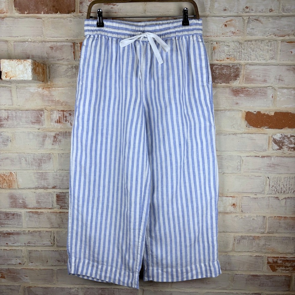 J.Crew Wide Leg Linen Stripe Pants Blue White Drawstring Cropped Lined M